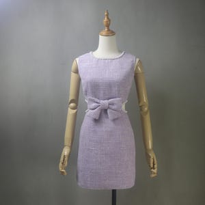 Custom Lilac Purple Tweed Dress with Pearl Trim Bow Cut-Out Waist Mini to Midi