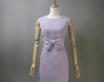 Bespoke Liliac Purple Tweed Dress with Pearls Trim & Bow - Cut Out Waist, Mini to Midi Length - Wedding Guest, Graduation, Summer Party