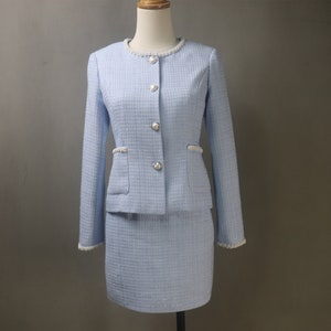 Blue Skirt Suit Custom Made Tweed Pearl Trim Blazer Jacket + Skirt, Long Skirt Suit , Wedding Guest,  Graduation, Speech Day, Formal Event