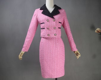 Costume sur mesure pour femme, veste en tweed de style vintage rose vif + tailleur jupe pour discours, remise des diplômes, mariage, événement formel, fête d'Halloween