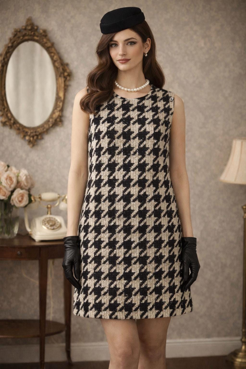 houndstooth cocktail dress Custom Black Beige Houndstooth Tweed Dress: Any Length, Any Size