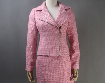 Custom made Pink Skirt Suit Biker Style Tweed Jacket Coat + Skirt Suit 6 Colors, Speech Day, Graduation Ceremony, Birthday Party