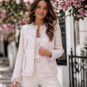 Custom Blush Pink Tweed Jacket, Fringe Blazer, Any Size