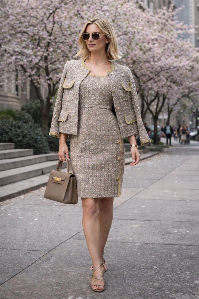 Custom made tweed skirt suit for women, Spring pastel boucle jacket and sheath dress set, tailored two piece suit, any size any length, bespoke handmade occasion outfit