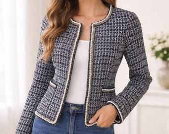 Custom Black Tweed Jacket: Pearls & Chain Trim, Any Size