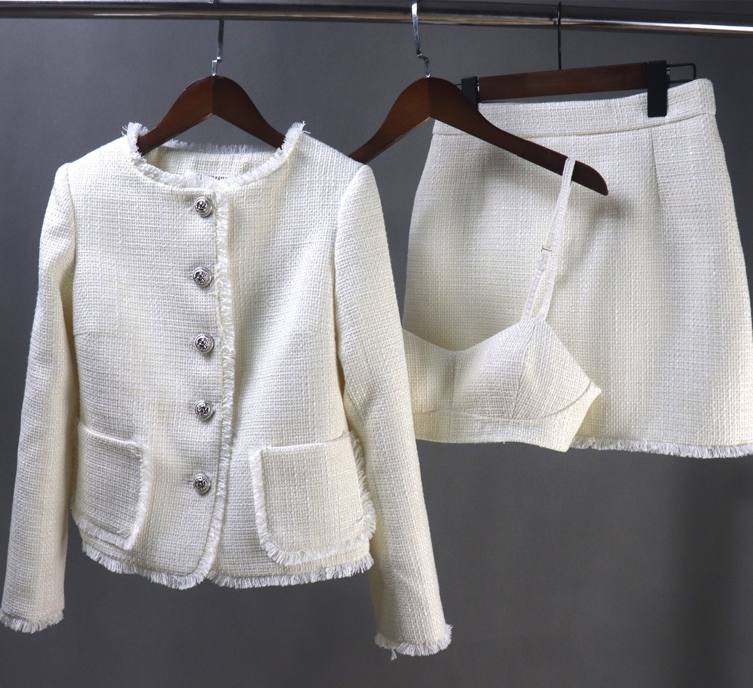 Women's CUSTOM MADE Cream White Tweed Jacket Coat Blazer Bra Skirts 3 Pieces Etsy