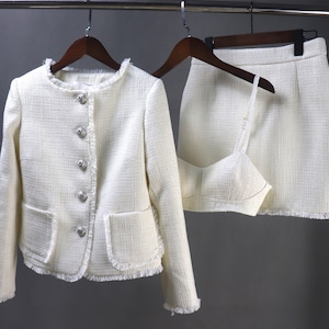 Fashionpioneer15 Women's Custom Made Cream White Tweed Jacket Coat Blazer + Bra + Skirts 3 Pieces