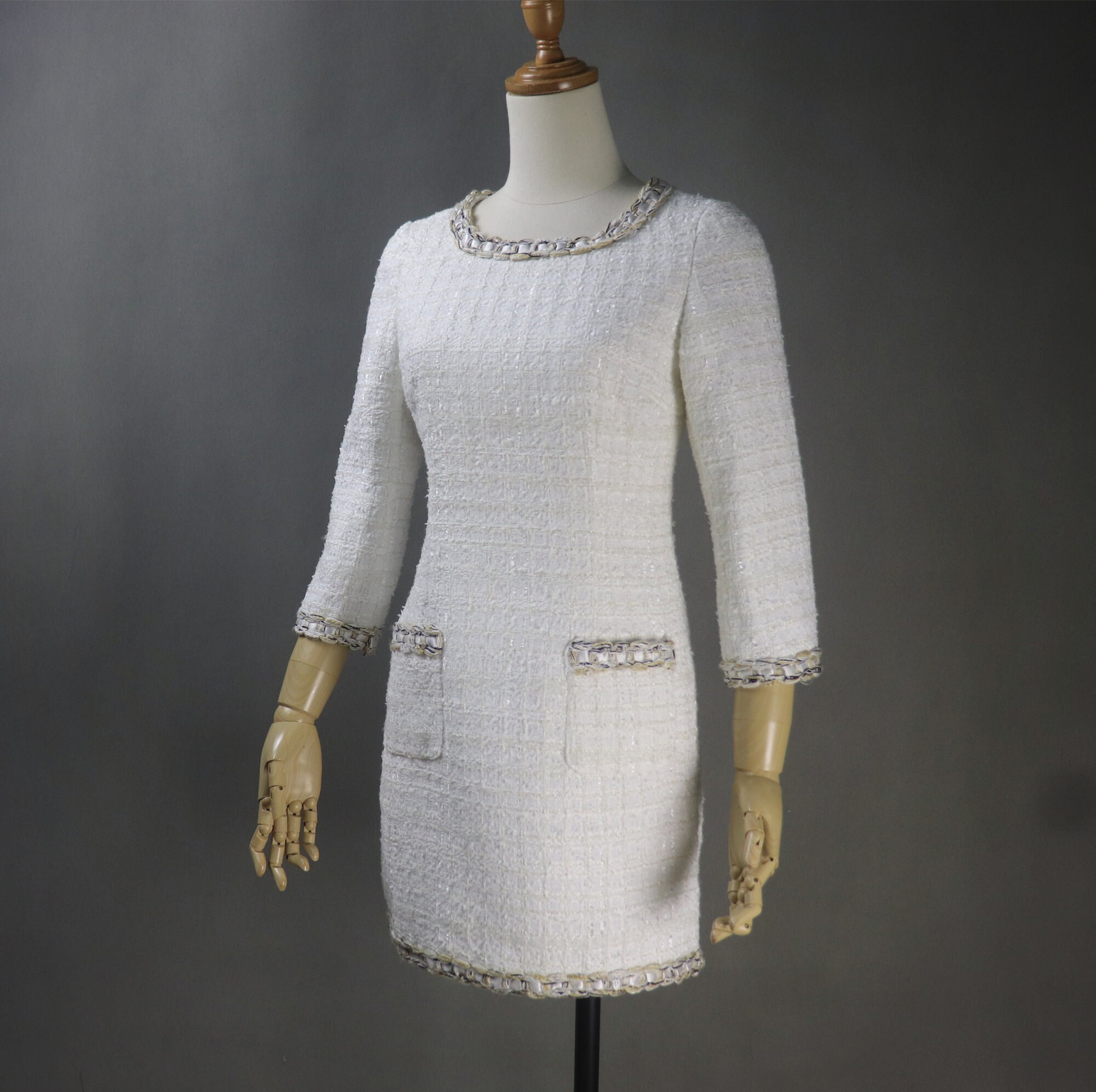 Custom Made White Dress Chain Trim Tweed Mini Long Dress for