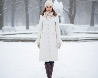 Custom White Boucle Tweed Coat – Made-to-Measure, Feather Trim
