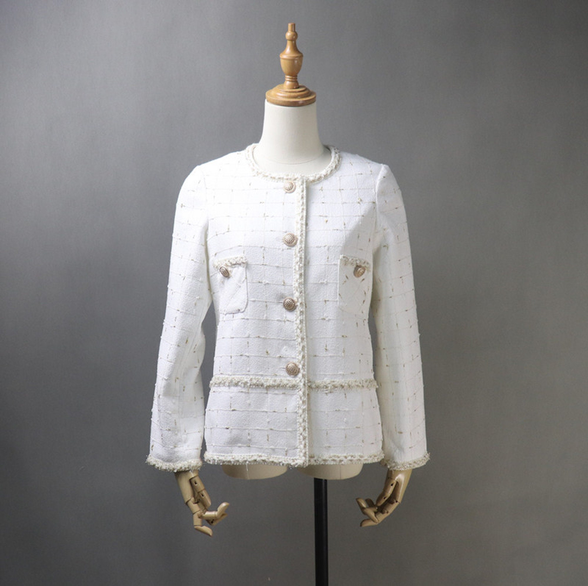 Custom White Tweed Jacket: Gold Trim, Plus Size, Office Outfit