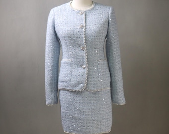 Bespoke Blue Tweed Skirt Suit With Pearls & Sequins | Plus Sizes | Mini to Maxi Skirt | Wedding Guest, Dog Show, Cocktail Party, Evening