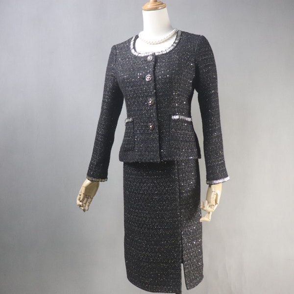 Women Custom Made Sequinned Tweed Jacket + Long / Short Skirt / Trousers Pants Suit Black, Formal Event, Graduation, Christmas Gift