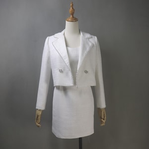 White Tweed Dress Suit – Custom Made Two-Piece, Cropped Jacket with Any Length Dress, Plus Size