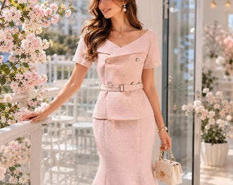 Bespoke Pink Tweed Peplum Blazer Skirt Set | Mermaid Midi Skirt, Any Size