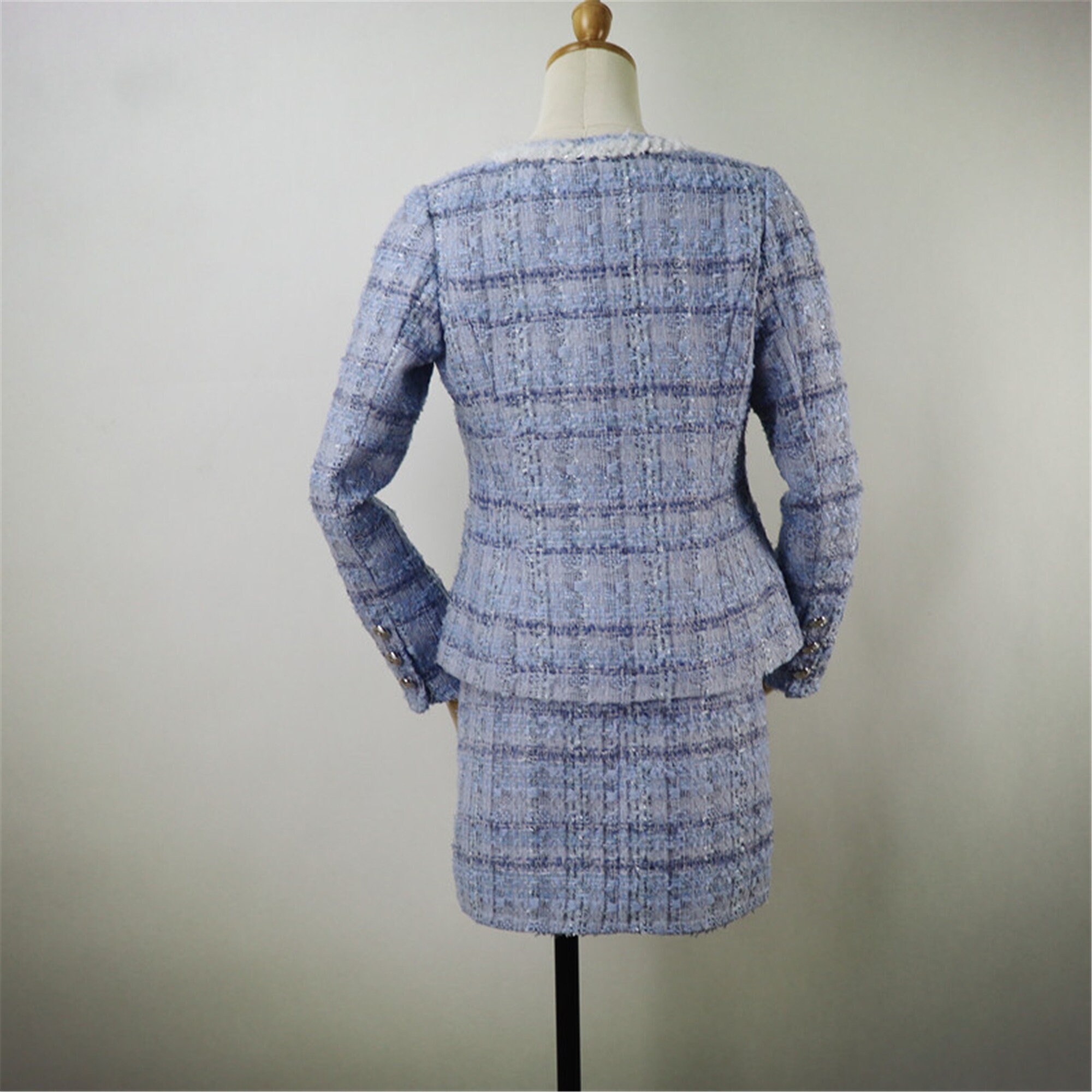 Women Multi-Color Plaid Check Tassels Tweed Long Sleeve Blazer