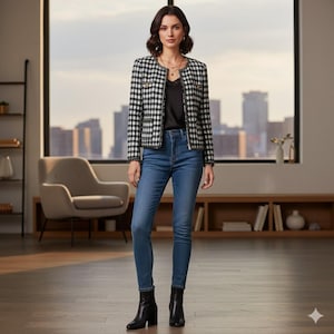 Op de afbeelding: Een vrouw draagt een zwart-wit geruite jas met gouden knopen, een zwarte top, een blauwe jeans en zwarte laarzen. De jas heeft een ronde halslijn en is afgewerkt met zwarte en gouden details. De jeans heeft een medium wassing en de laarzen hebben een blokhak.
