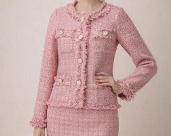 Completo gonna in tweed rosa su misura, qualsiasi taglia, 6 colori, qualsiasi lunghezza