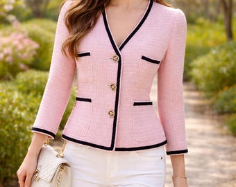 Custom Pink Tweed Jacke: V-Neck Mantel mit Goldenen Knöpfen