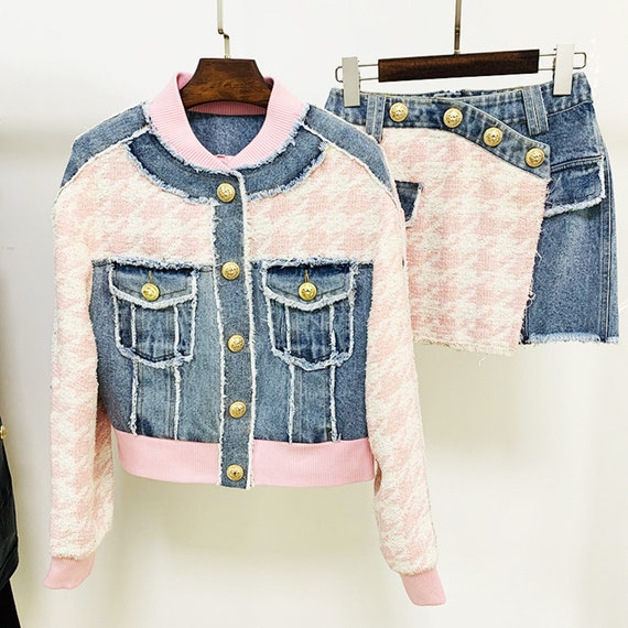 Women Luxury Denim Pink Houndstooth 