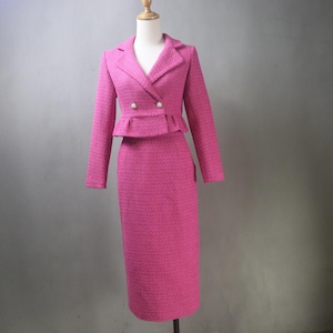 Bespoke Fuchsia Tweed Midi Skirt Suit with a Cropped Peplum Jacket | Plus Size  | Wedding Guest Outfit, Graduation, Formal Office Wear