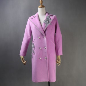 Women’s Long Tweed Coat – Custom Made, Plus Sizes, 3D Flower Details, Double-Breasted