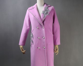 Cappotto lungo da donna SU MISURA in taglie forti Fiori tridimensionali doppio petto in tweed per matrimonio, cena, evento formale