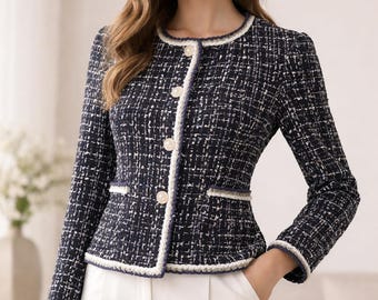 Lumière Black Tweed Jacket, Pearl Button Blazer, Custom Made