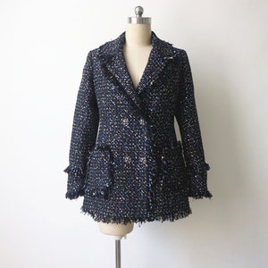 Black & Blue Tweed Jacket – Custom Made Mid-Length Double-Breasted Tassel Sequined Coat, Women’s