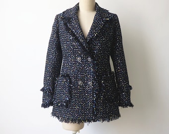 Black & Blue Tweed Jacket – Custom Made Mid-Length Double-Breasted Tassel Sequined Coat, Women’s