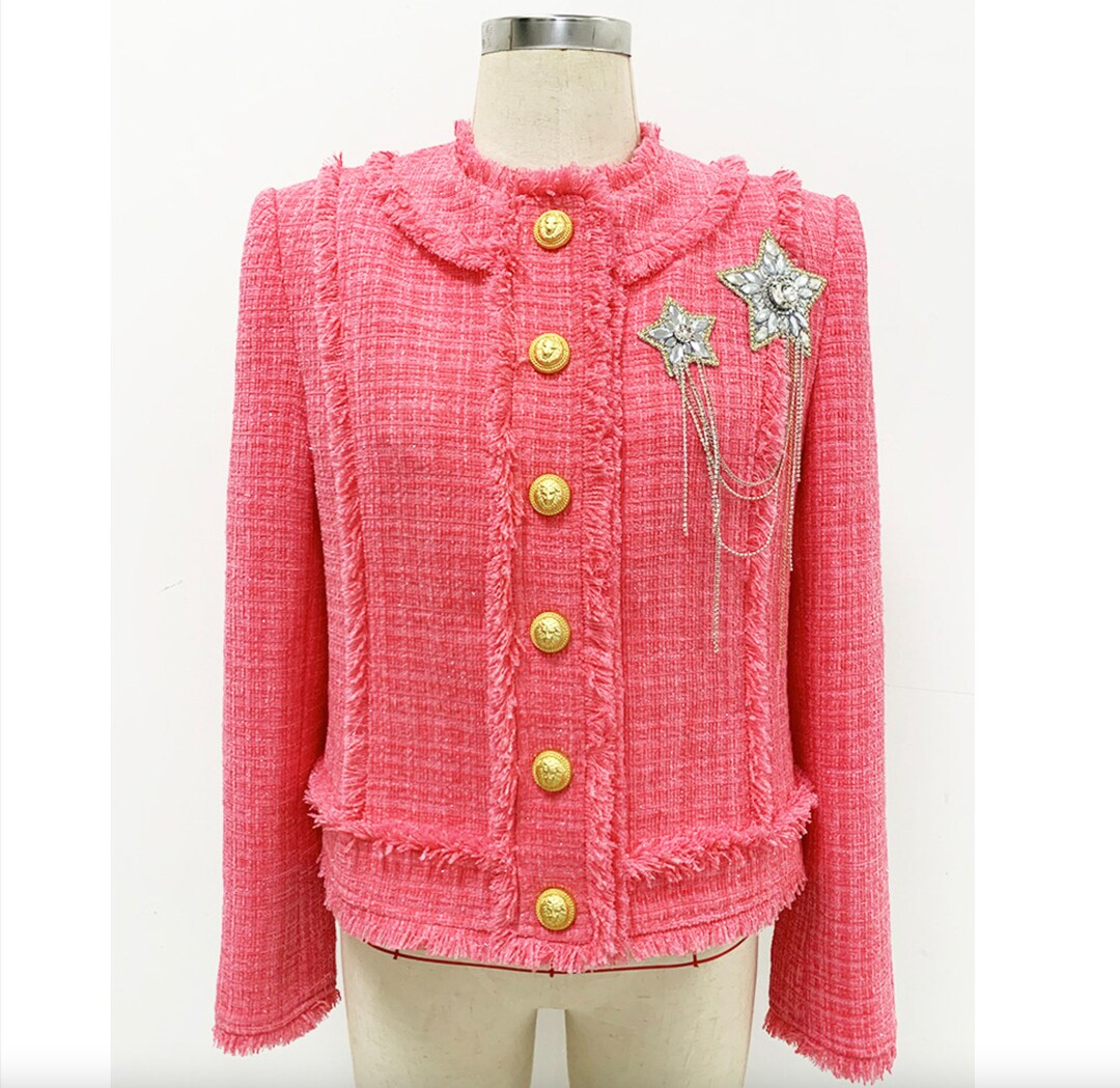 Hot Pink Tweed Jacket With Star Jewellery Badge & Chains for Graduation