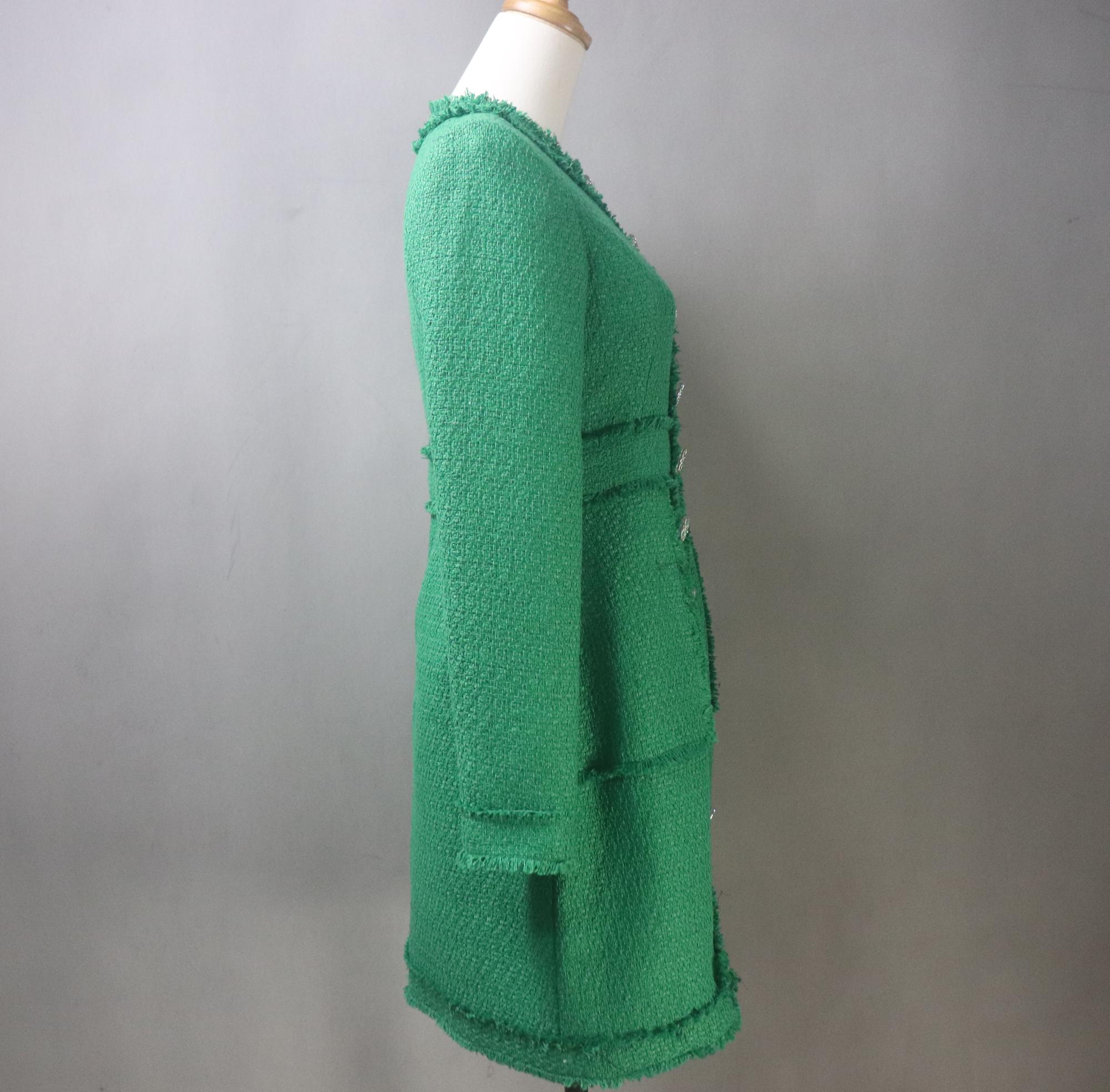 lise Green Tweed Dress - Custom Made, Floral Buttons, Fringe Accents