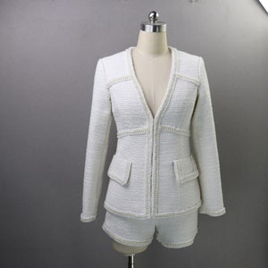 Handmade White Tweed Suit: Pearl V-Neck Jacket, Plus Sizes