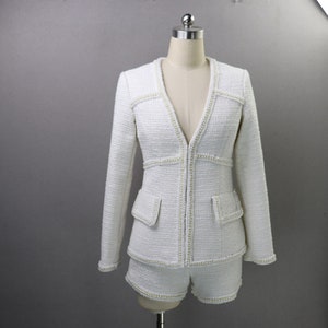 Women CUSTOM MADE Deep V Neck Pearl White Jacket Coat Blazer+Shorts/Skirts, Wedding Suit, Graduation Ceremony, Speech Day, Formal Event