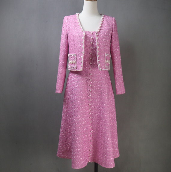 Custom Pink Flare Dress with Short Jacket - Pearls Decoration, Plus Sizes, Any Length Custom Pink Flare Dress with Short Jacket - Pearls Decoration, Plus Sizes, Any Length