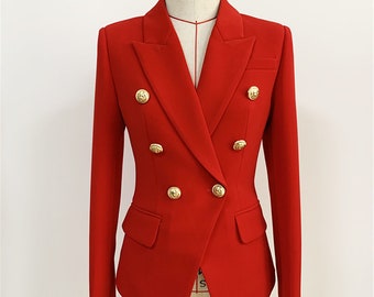 Blazer ajustado para mujer Abrigo con botones dorados Rojo, Fiesta de Navidad, Fiesta de cumpleaños, Evento nocturno, Evento formal, Ropa de oficina, Evento inteligente