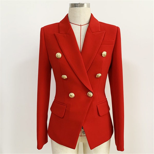 Blazer ajusté pour femme Boutons dorés Manteau Rouge, fête de Noël, fête d'anniversaire, soirée, événement formel, tenues de bureau, événement chic