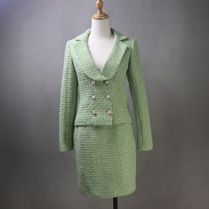 Custom Green Tweed Blazer and Skirt Set with Short or Long Skirt, Plus sizes