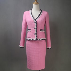 Spring Summer Tweed Hot Pink Suit Custom Made in Plus / Petite Size Jacket + Midi Skirt  for Office, Graduation, Wedding Guest, Formal Event