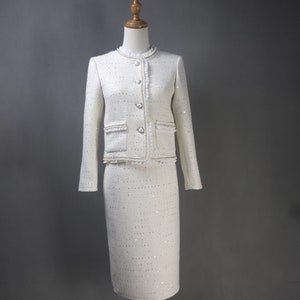 Elegant white tweed skirt suit for women with pearl trim, luxury spring summer outfit, classy formal office wear, custom handmade designer set.