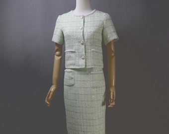 Bespoke Light Green Tweed Skirt Suit with Pearls – Plus Sizes | Short Sleeve Jacket + Long Skirt | Graduation, Wedding Guest, Summer Event