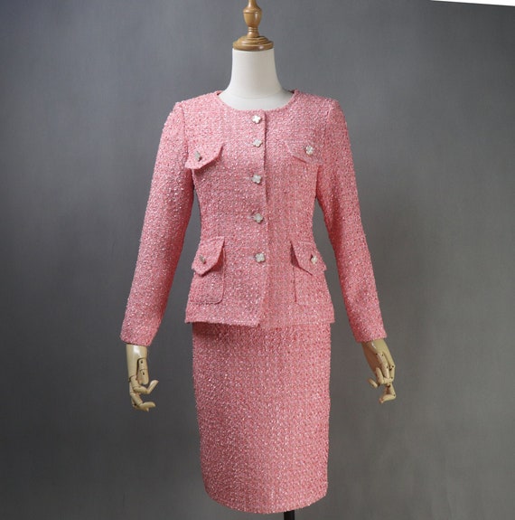 Women Custom Made Tweed Coral Color 4 Pockets Jacket 