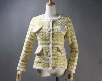 Spring Yellow Tweed Jacket CUSTOM MADE in Plus Size / Girl Size for Wedding Guest suit, Graduation, Personalised gift, Birthday Party,