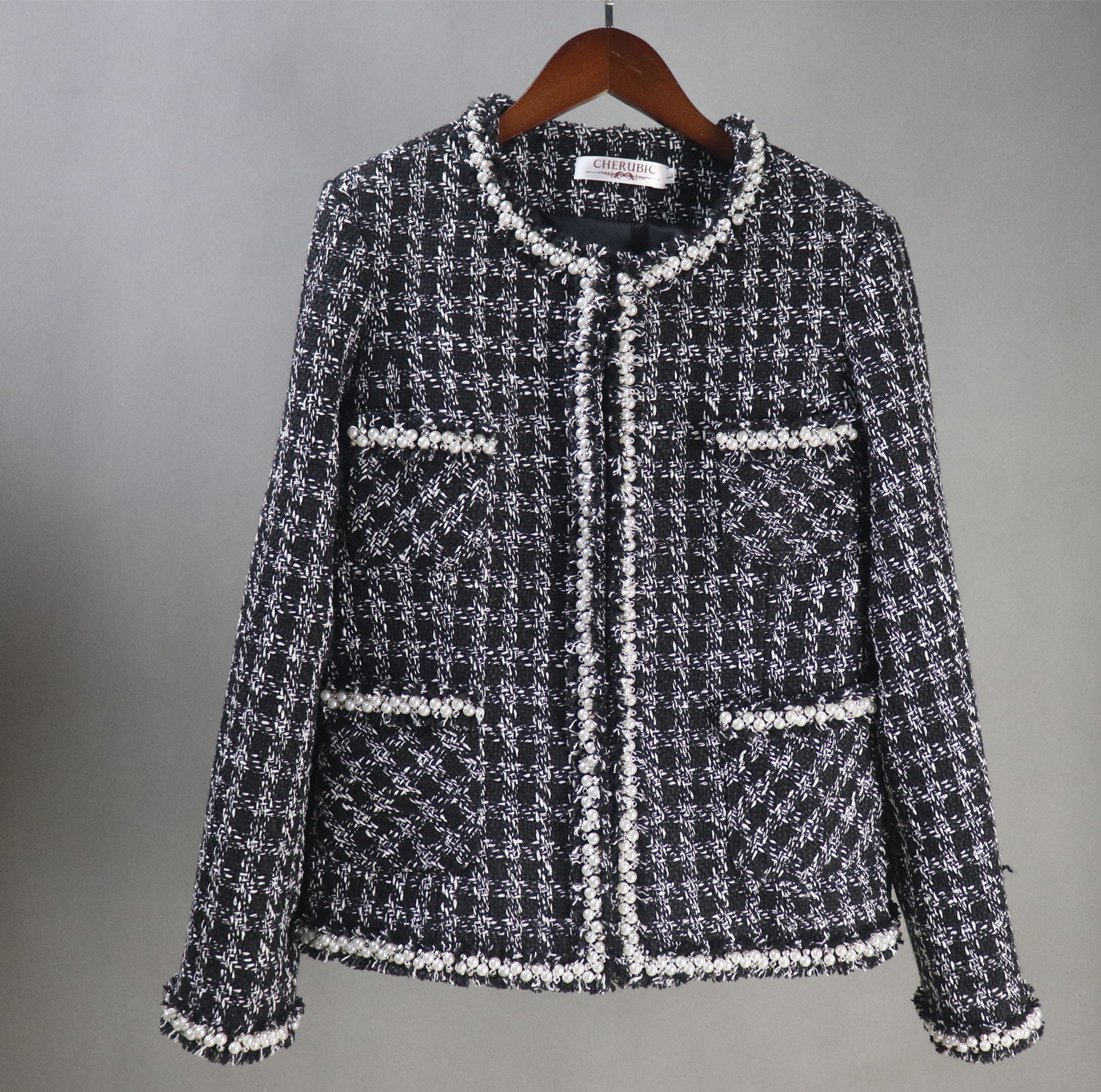 Women's CUSTOM MADE Pearl Trim Checked Tweed Jacket Coat 