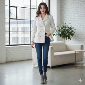 Op maat gemaakte witte tweed blazer met lovertjes: grote maten, elke lengte