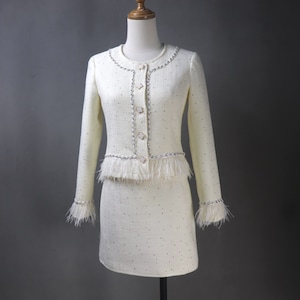 Cream White Tweed Skirt Suit – Custom Made Plus & Girls’ Sizes with Chain Trim