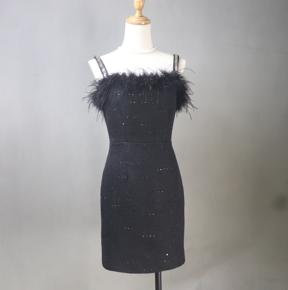 Black Tweed Dress - Bespoke Faux Fur & Sequined, Custom Made Mini or Long, Plus Sizes