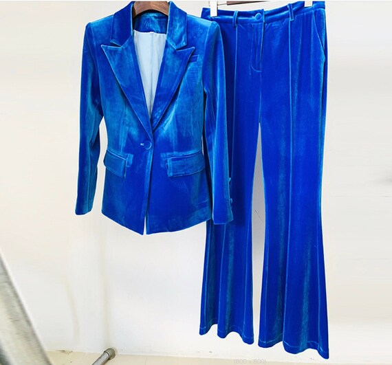 Women Velvet Royal Blue / Black Blazer Midhigh Rise Flare Etsy