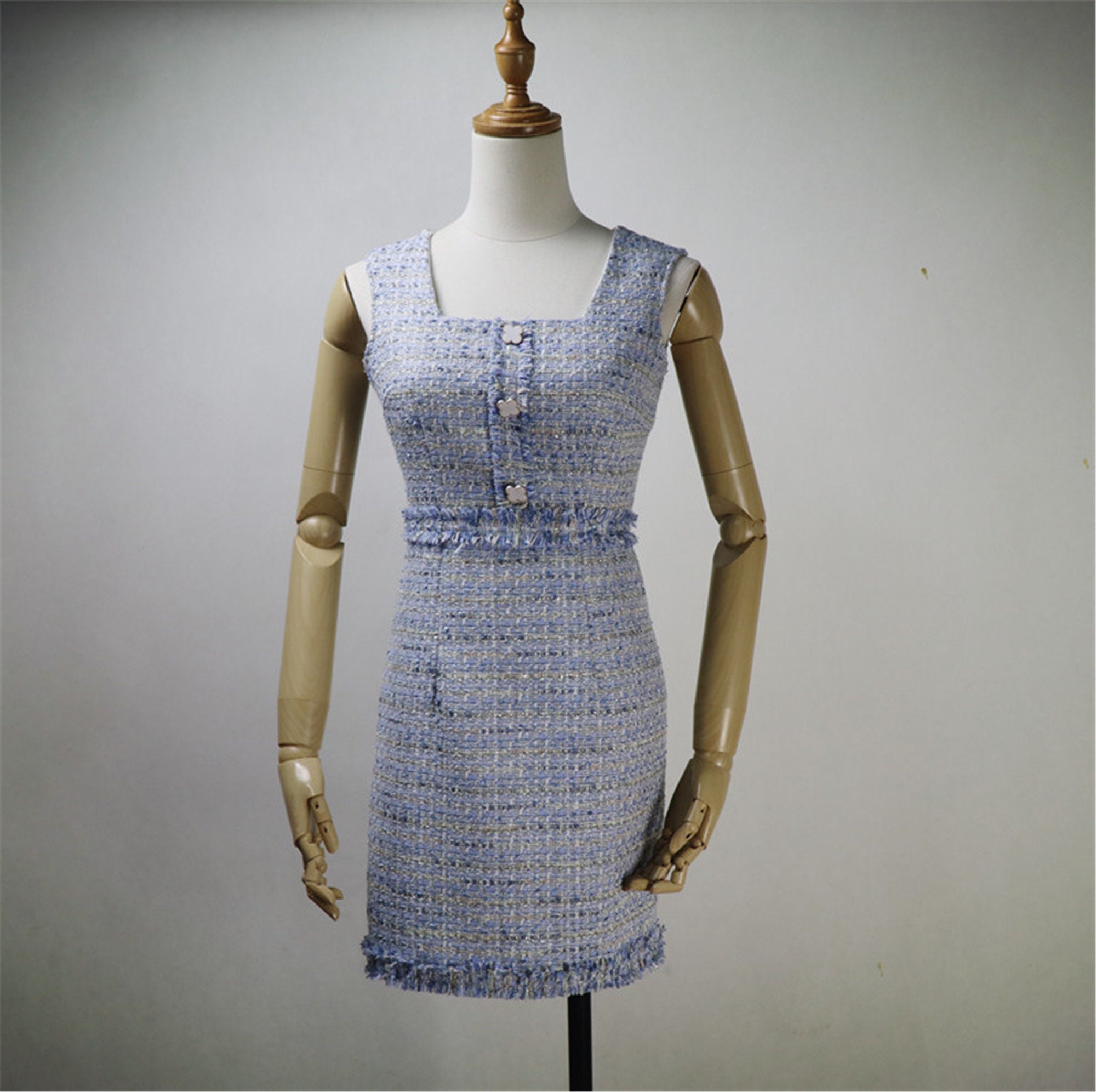chanel blue tweed dress CHANEL Blue White Tweed Short Sleeve Dress