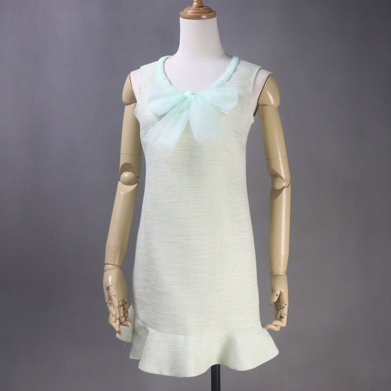 Light Green Tweed Fishtail Dress: Custom Made Bow Collar Mini Dress Light Green Tweed Fishtail Dress: Custom Made Bow Collar Mini Dress