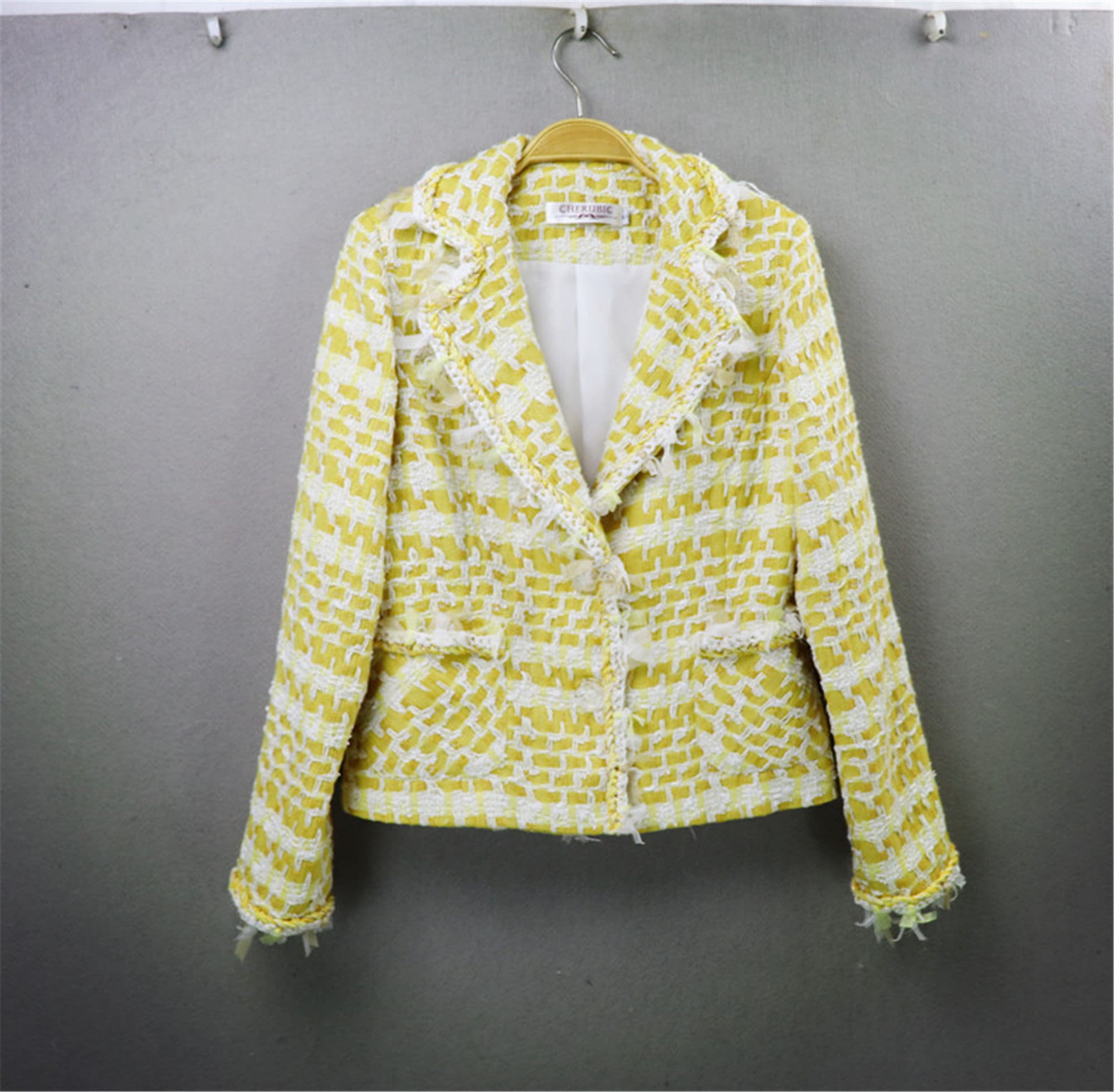 ジャケット・アウター sheller 5th check tweed jacket YELLOW Yellow Tweed Suit – Custom Made Women's Jacket With Mini or